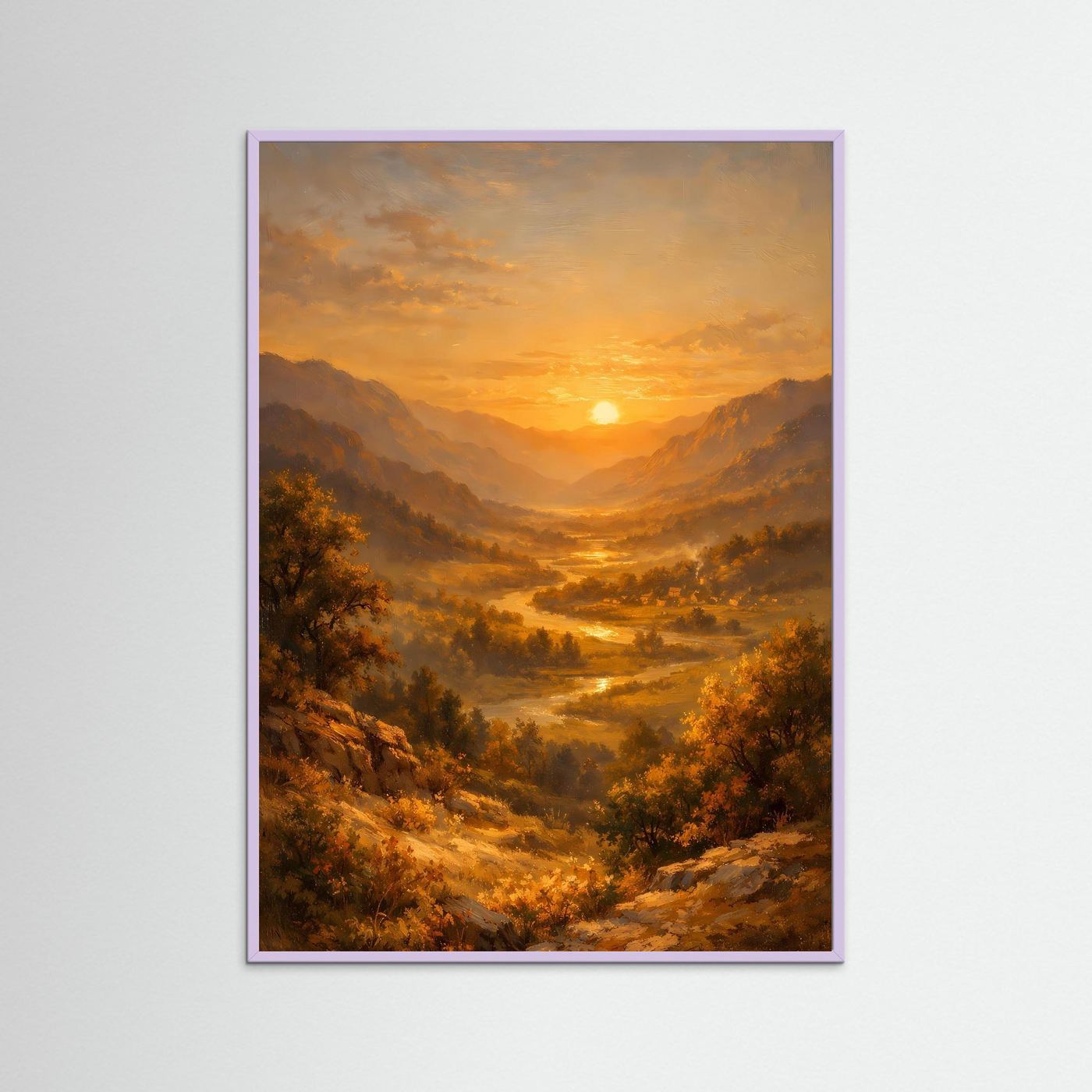 Poster Flusslandschaft im Goldenen Abendlicht | Majestätisches Berge Wandbild