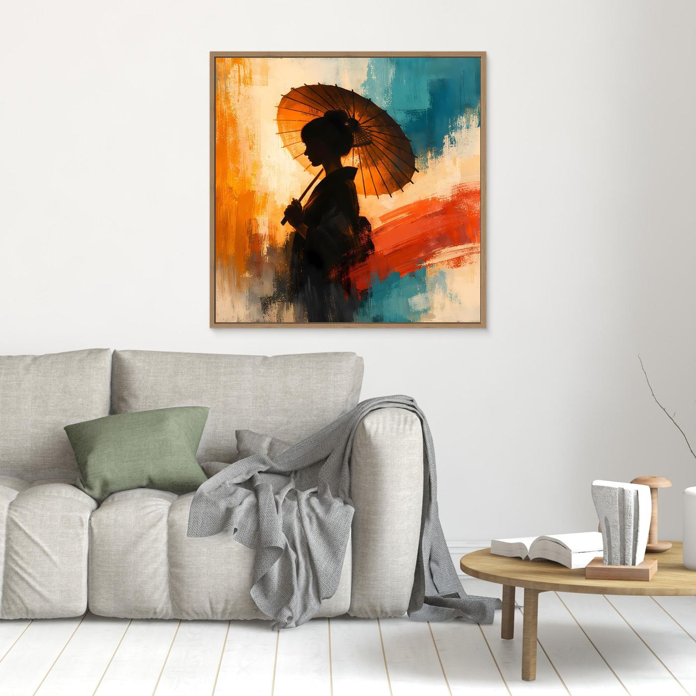 Leinwand Elegante Frau mit Sonnenschirm | Ästhetisches Japanisches Wandbild auf Keilrahmen