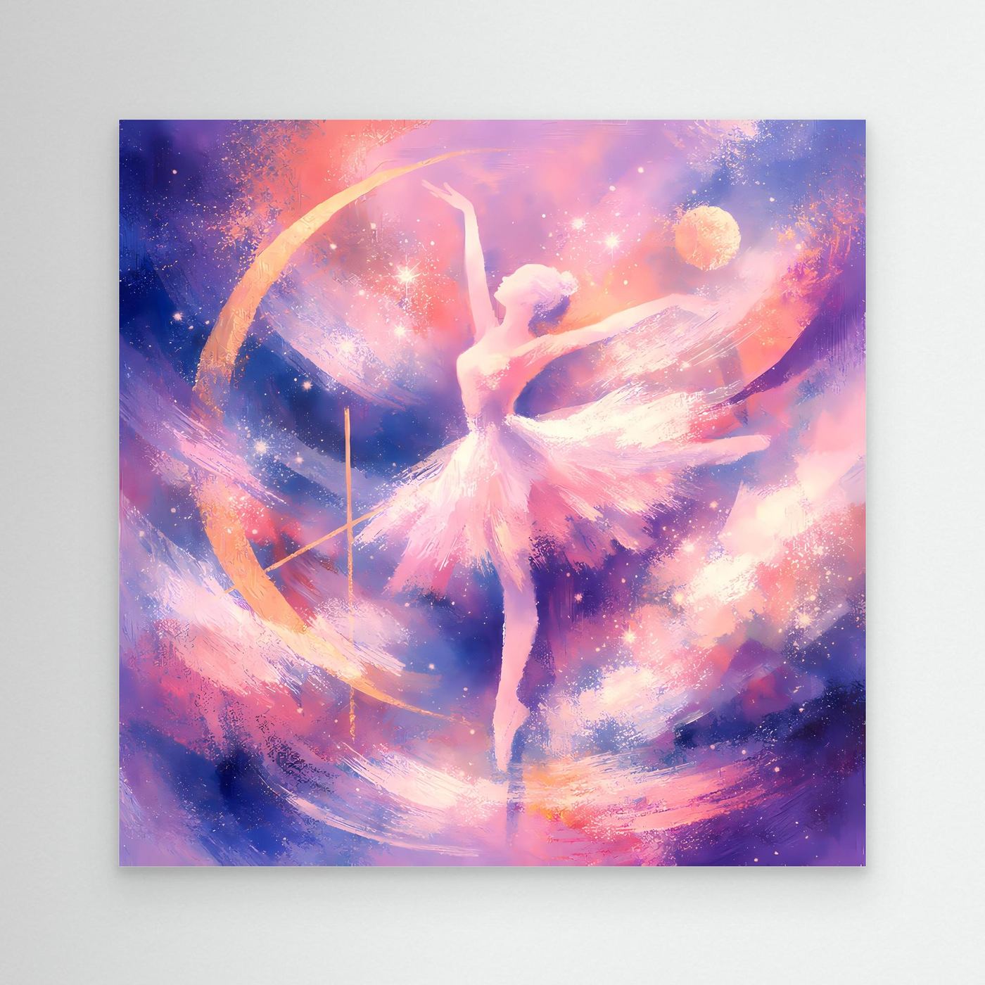 Leinwandbild mit Ballerina in Pastellfarben, tanzend zwischen farbigen Wirbeln und Sternen