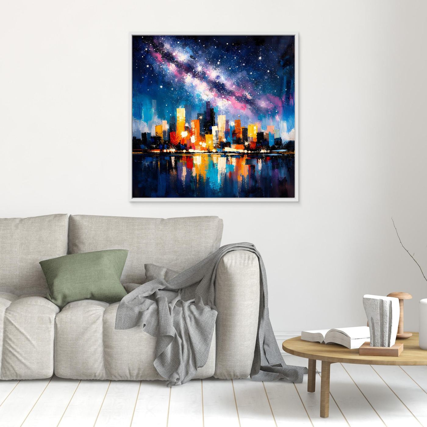 Square city skyline canvas wall art with Milky Way stars and reflections, white frame