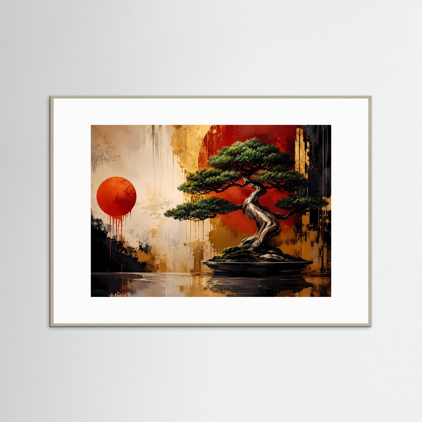 Japanischer Bonsai vor roter Sonne | Modernes Zen & Natur Poster im Querformat