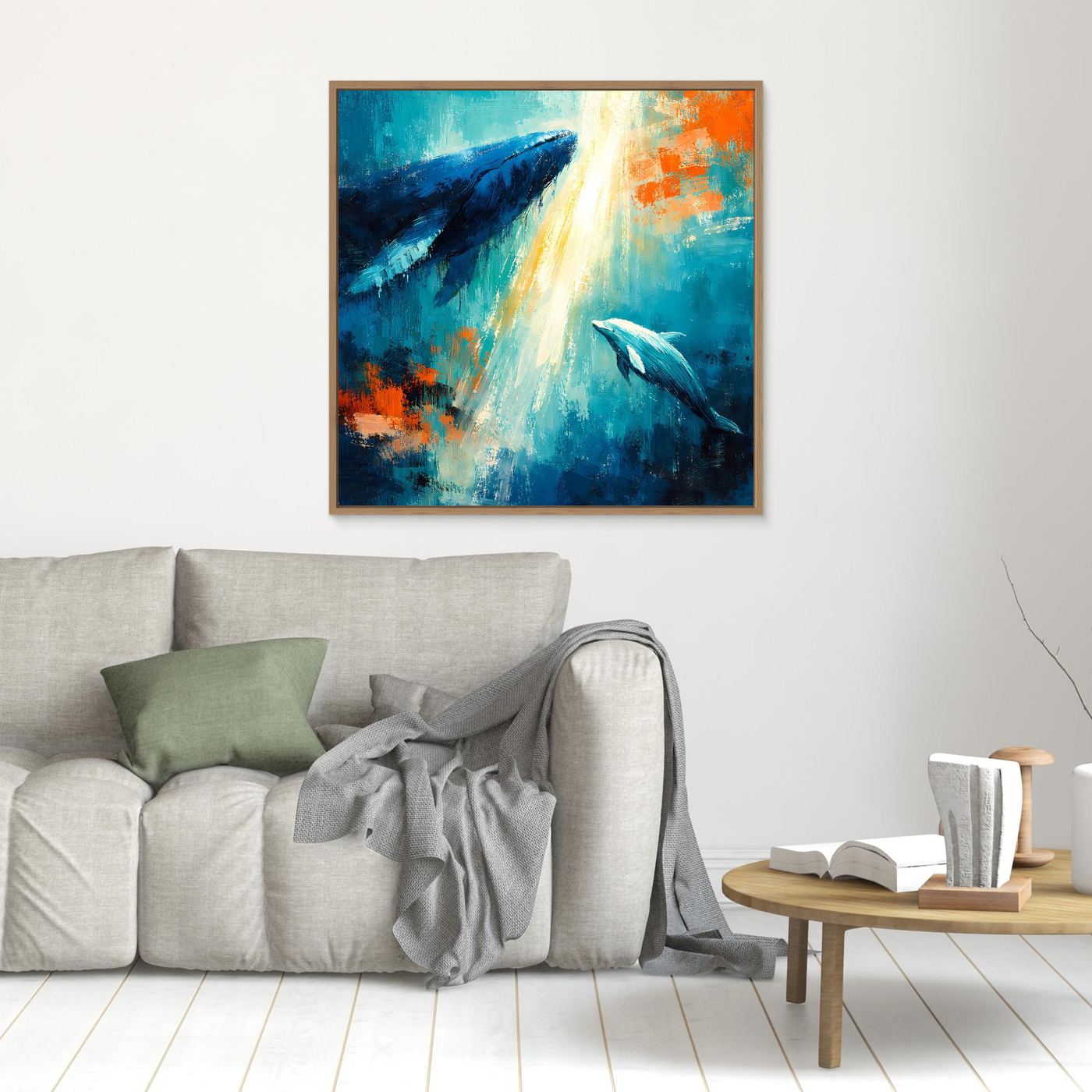 Leinwand Majestätischer Wal und Delfin im Lichtstrahl | Abstraktes Meeres Wandbild