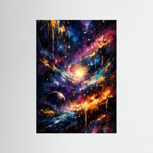 Hochformat-Weltallposter mit abstrakter Galaxie, leuchtender Sonne und farbigen Nebeln