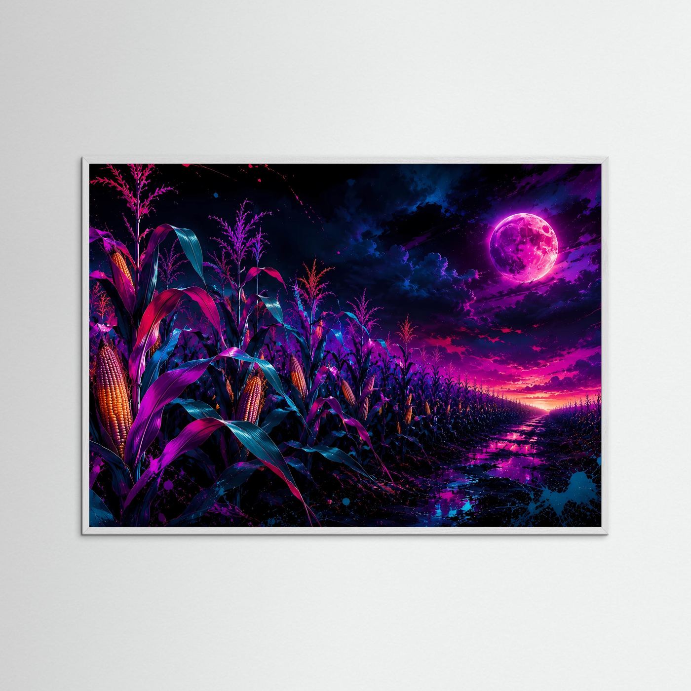 Neon-Maisfeld bei Vollmond | Mystische Fantasy-Landschaft in Pink, Lila & Blau