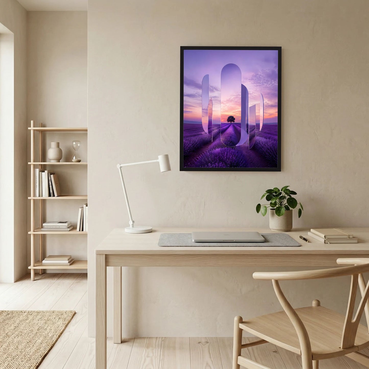Kunstposter im Hochformat im dunklen Rahmen: Lavendelfeld mit surrealen Spiegelbögen