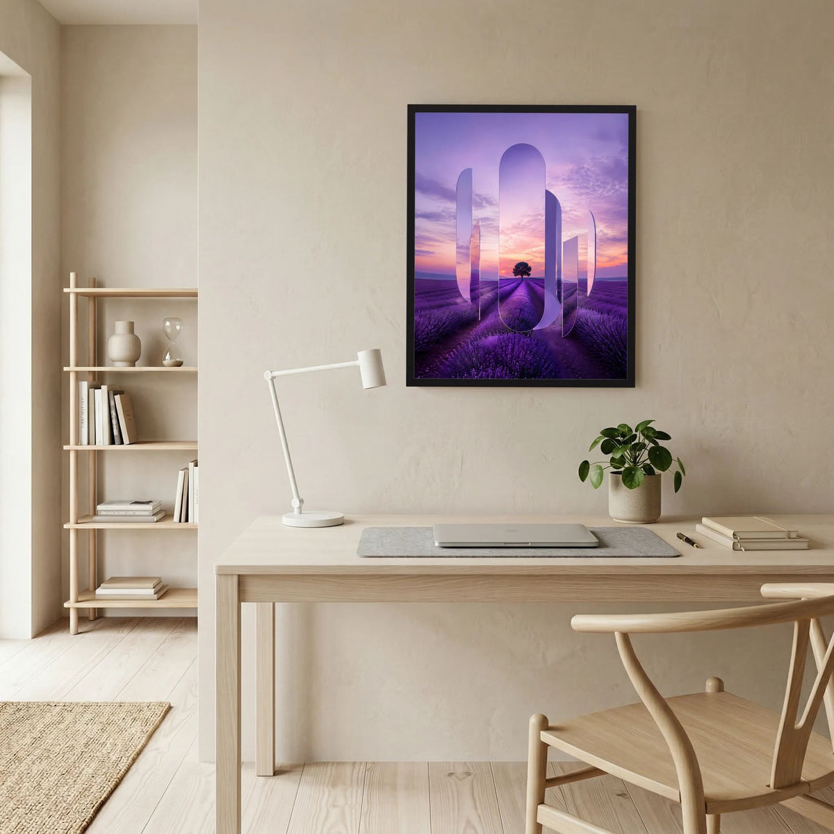 Kunstposter im Hochformat im dunklen Rahmen: Lavendelfeld mit surrealen Spiegelbögen
