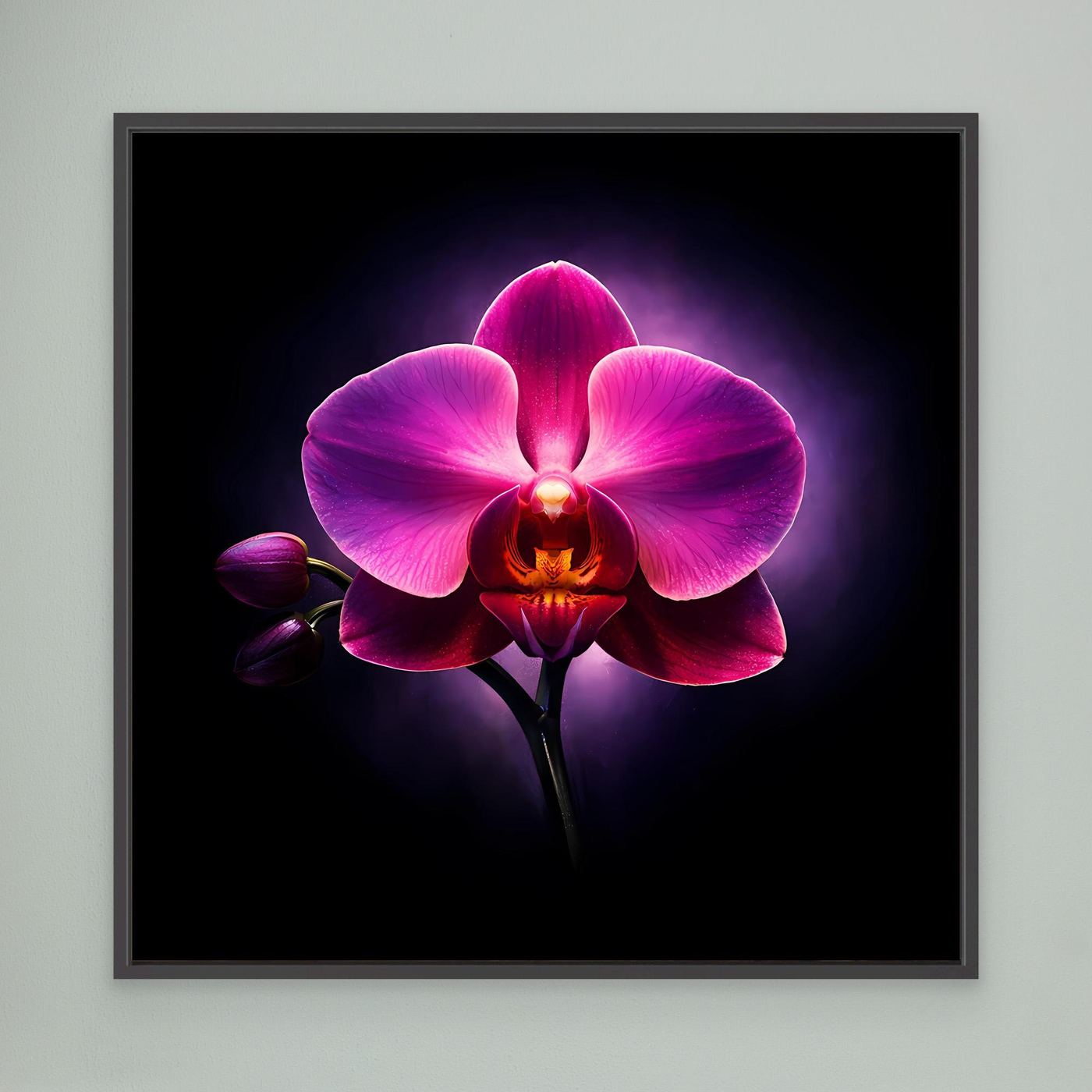 Leinwandbild mit leuchtender pinker Orchidee, schwarzer Rahmen