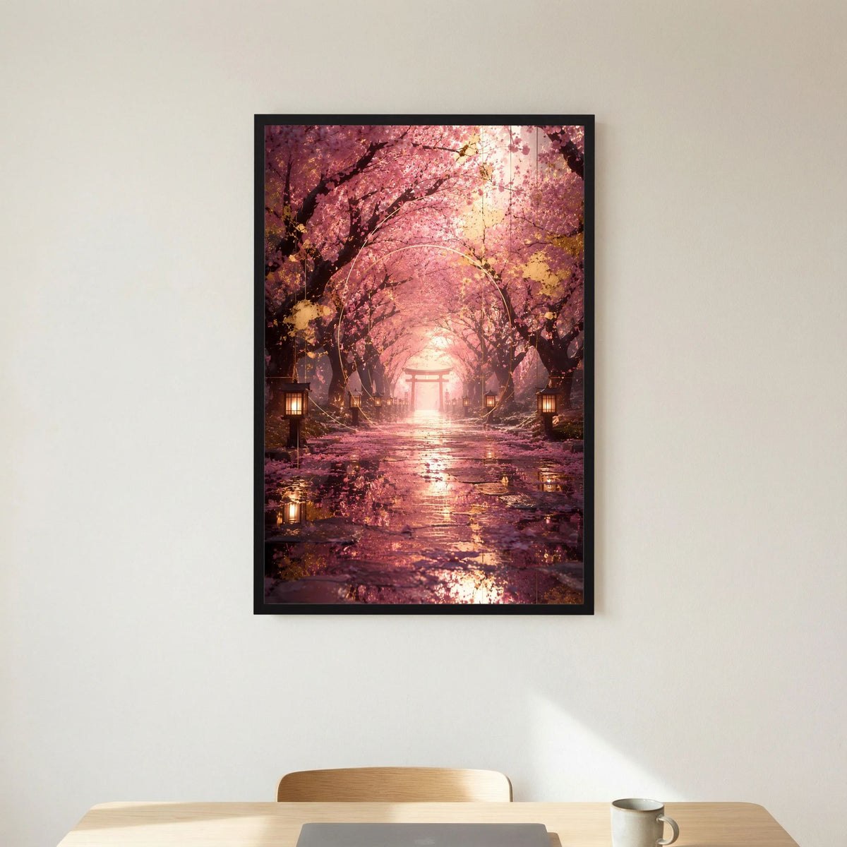 Hochformatiges Poster mit Sakura-Allee, Torii-Tunnel und Laternen, schwarzer Rahmen