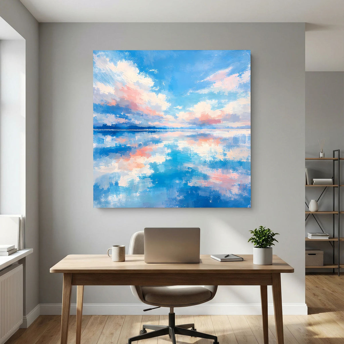 Abstrakte Meeresansicht auf Keilrahmen mit Wolken und Pastellfarben in Blau