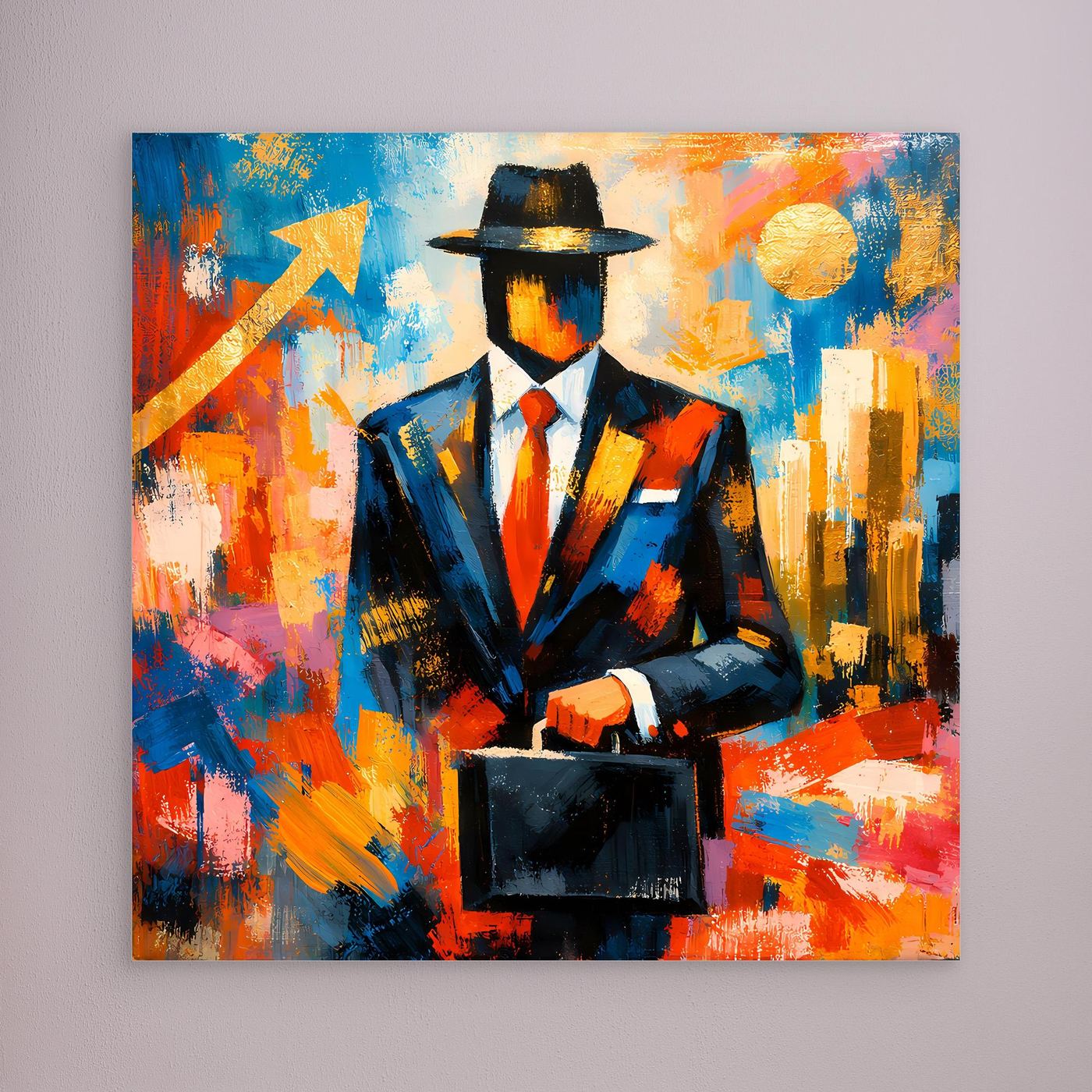 Leinwandbild mit Geschäftsmann im Hut, bunte Pop-Art, ohne sichtbaren Rahmen