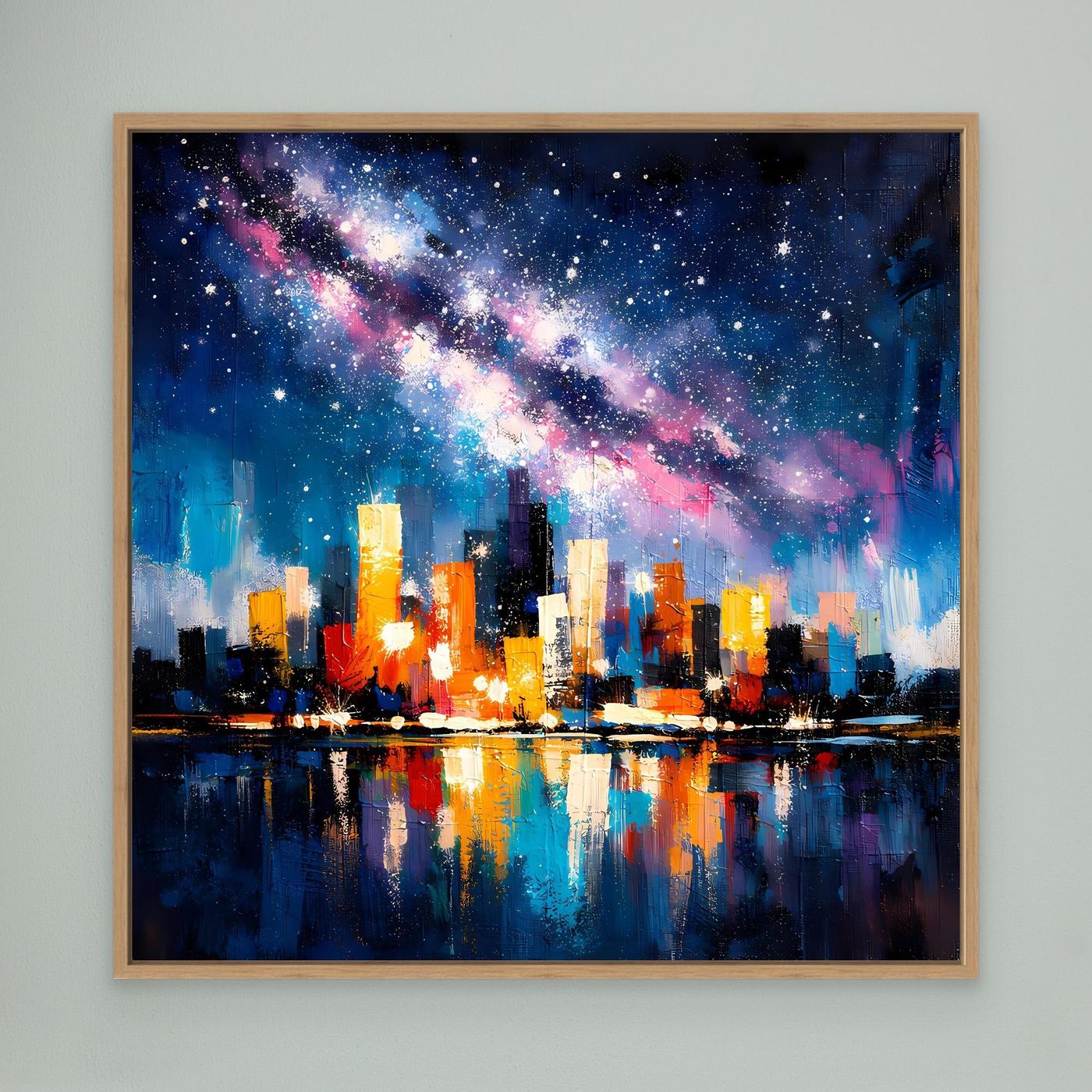 Oak-framed starry city skyline wall canvas art with glowing buildings and mirrored night