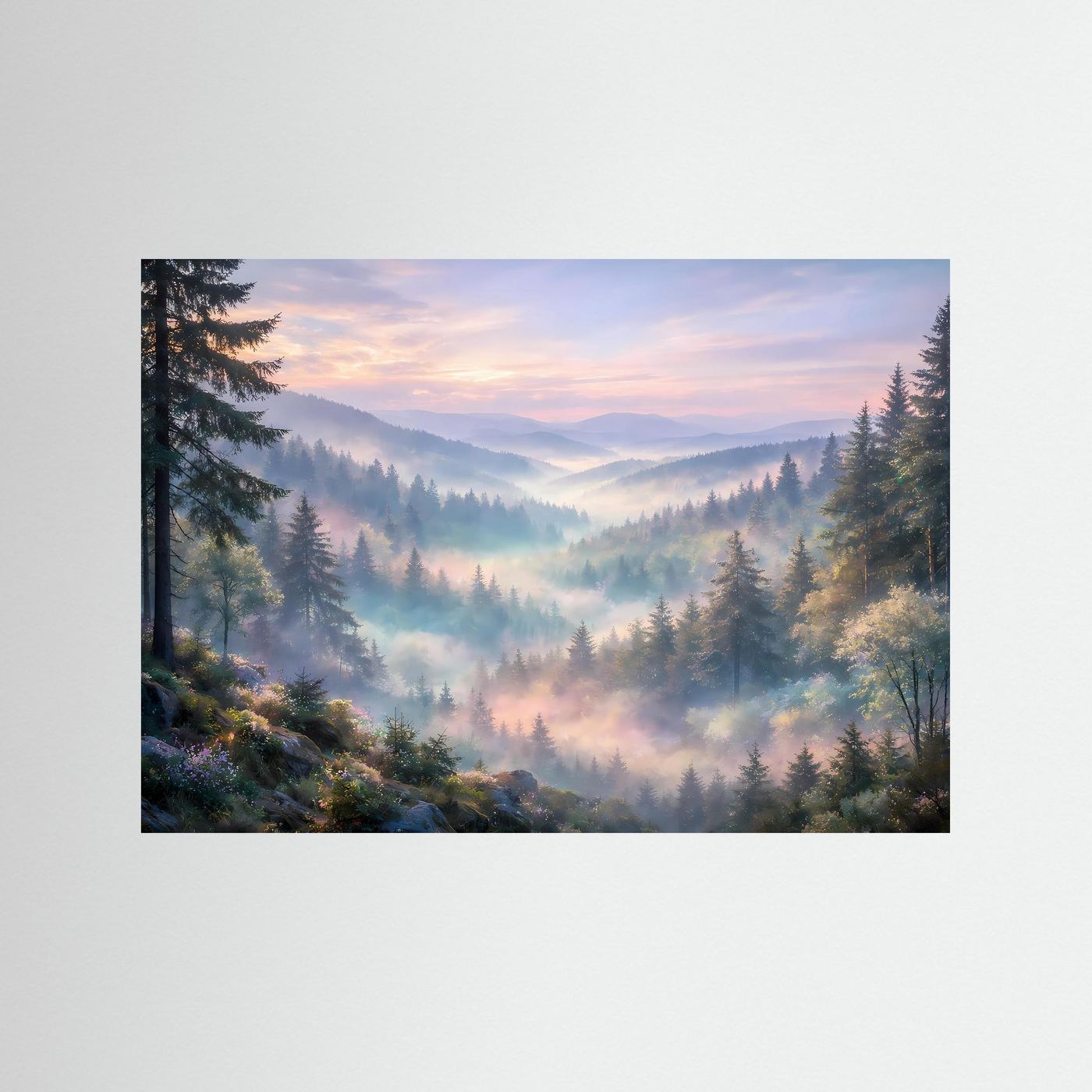 Wandposter mit Berglandschaft im Nebeltal, schwarzer Rahmen