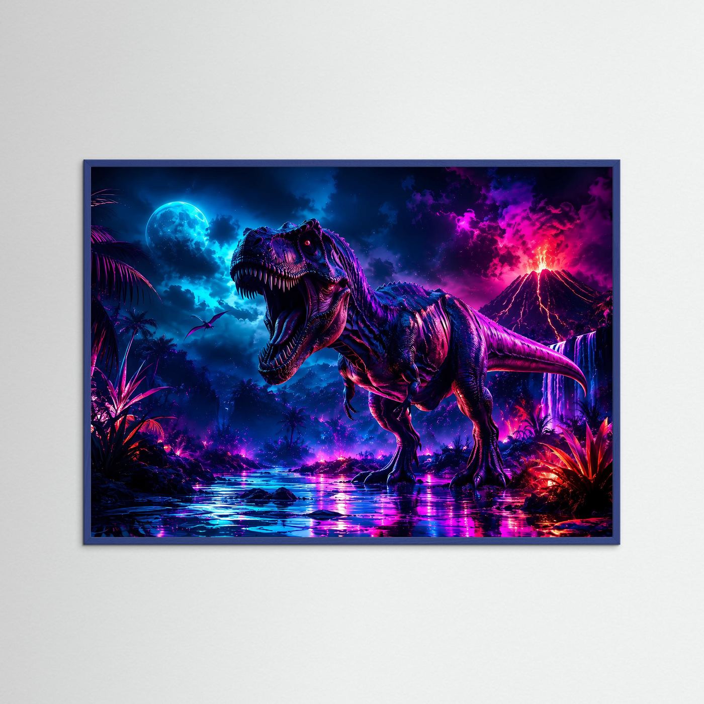 T-Rex Neon Nacht | Dinosaurier mit Vulkan & Mond