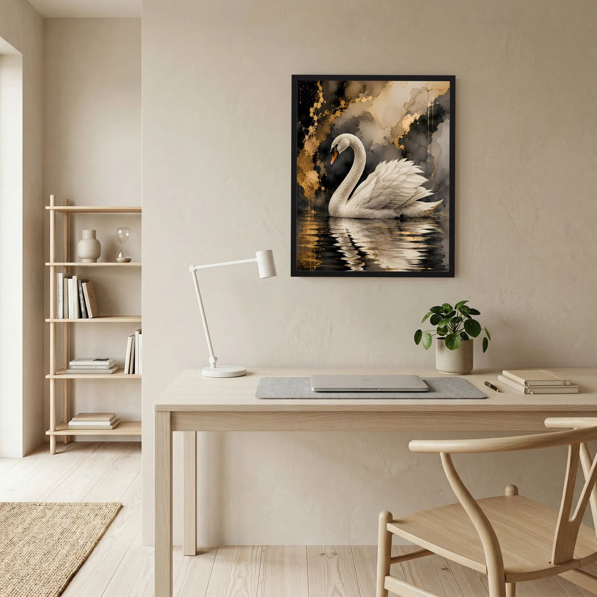 Gerahmtes Wandposter mit weißem Schwan auf goldenem Wasser, Gold-Schwarz Kontrast