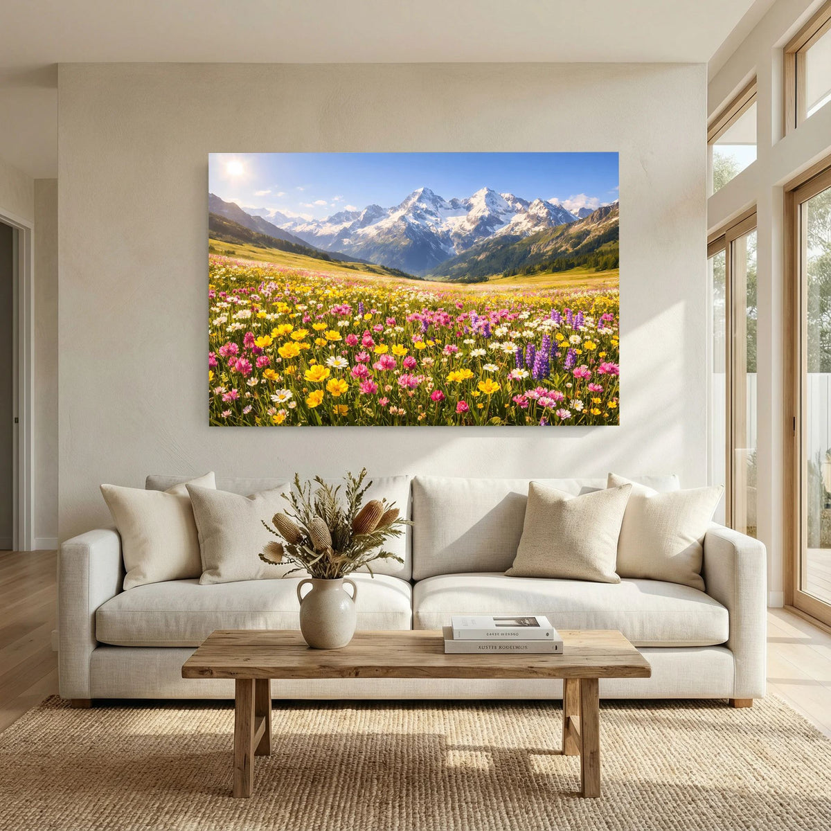 Wandbild im Querformat: Alpenblick mit blühender Wiese und hohen schneebedeckten Bergen