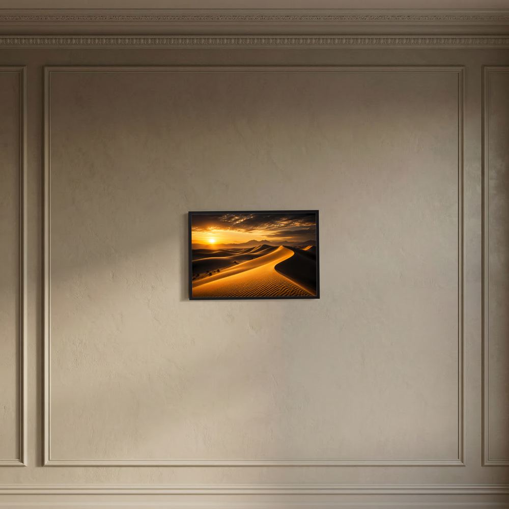 Wüstenlandschaft-Poster im Sonnenuntergang, dunkel gerahmt, in Zierwand