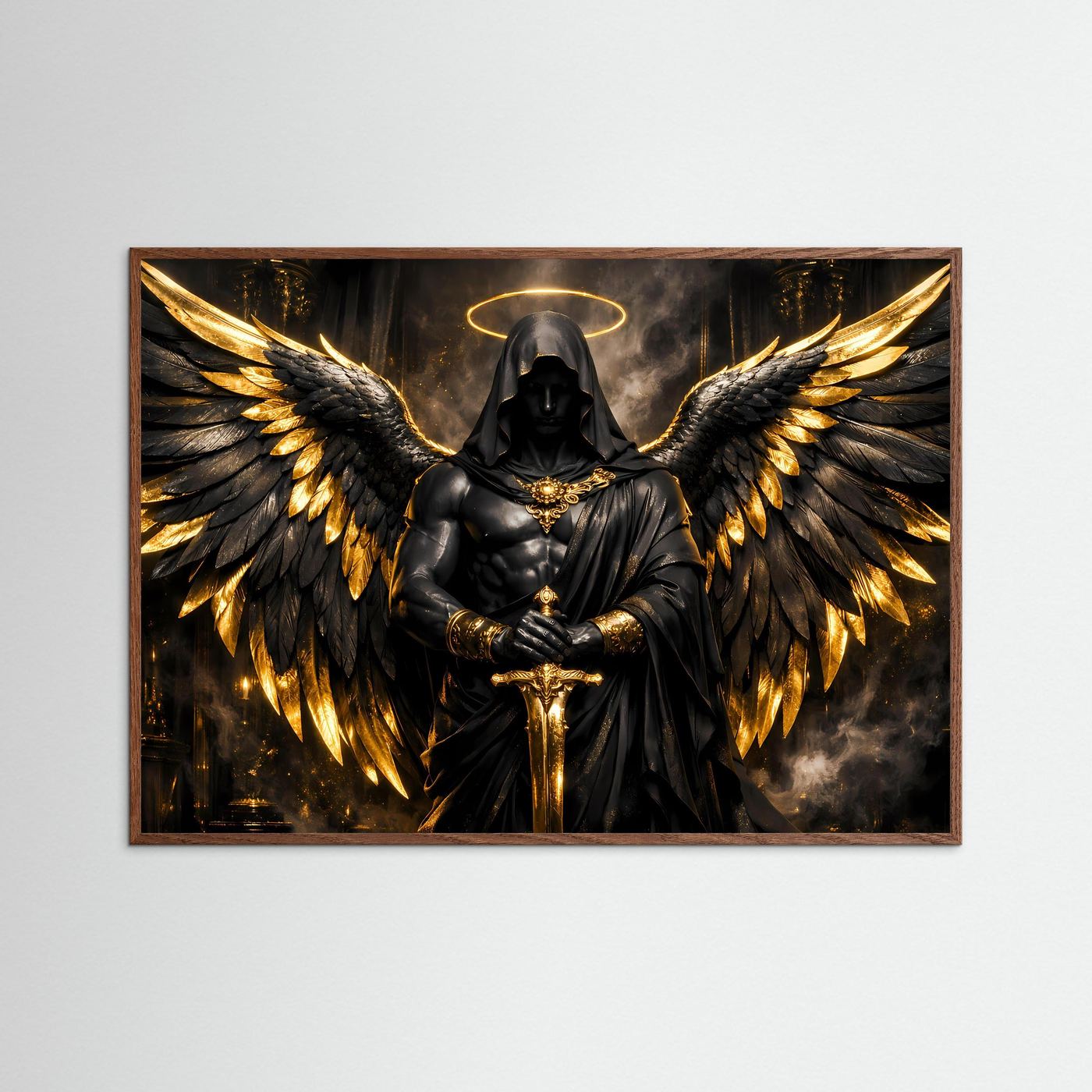 Dunkler Engel mit Goldflügeln & Schwert | Mystisches Wandbild Querformat