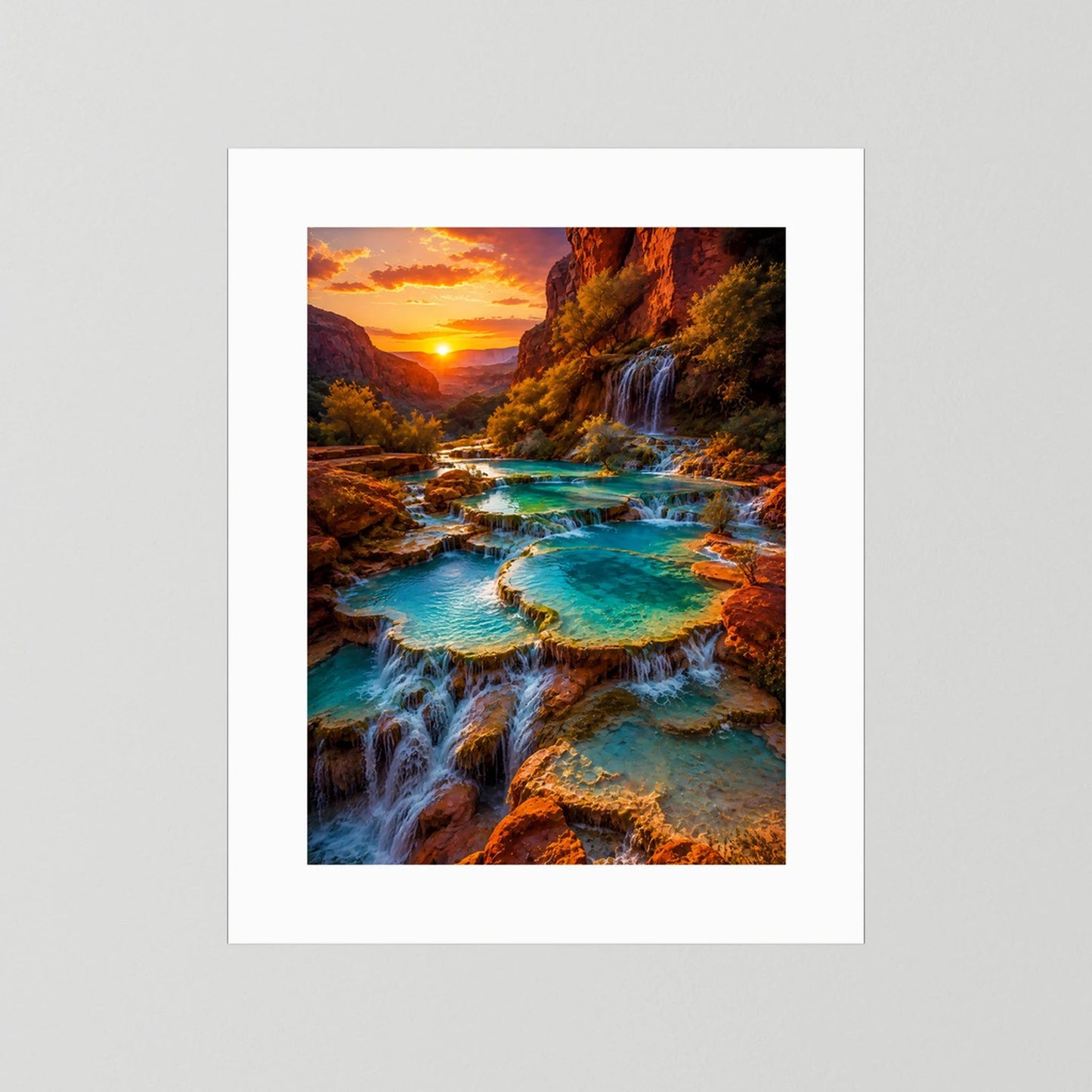 Hochformat-Poster ohne Rahmen mit weißem Rand: Wasserfälle im Canyon bei Sonnenuntergang