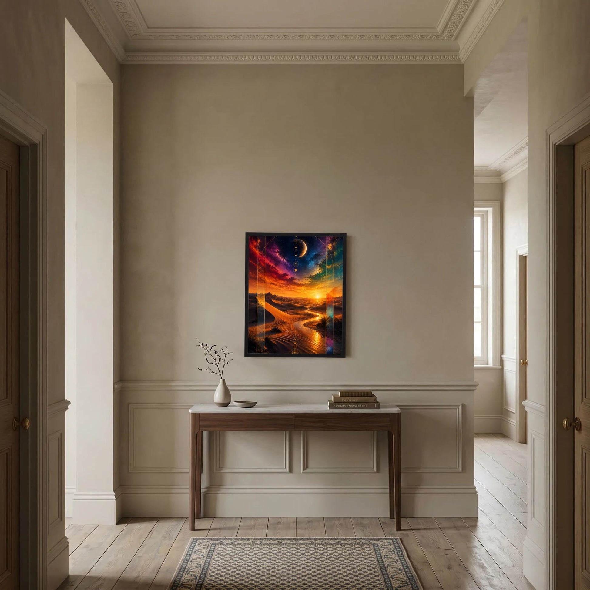 Gerahmtes Hochformat-Poster mit kosmischer Wüste, Halbmond und Sonnenuntergang über Dünen
