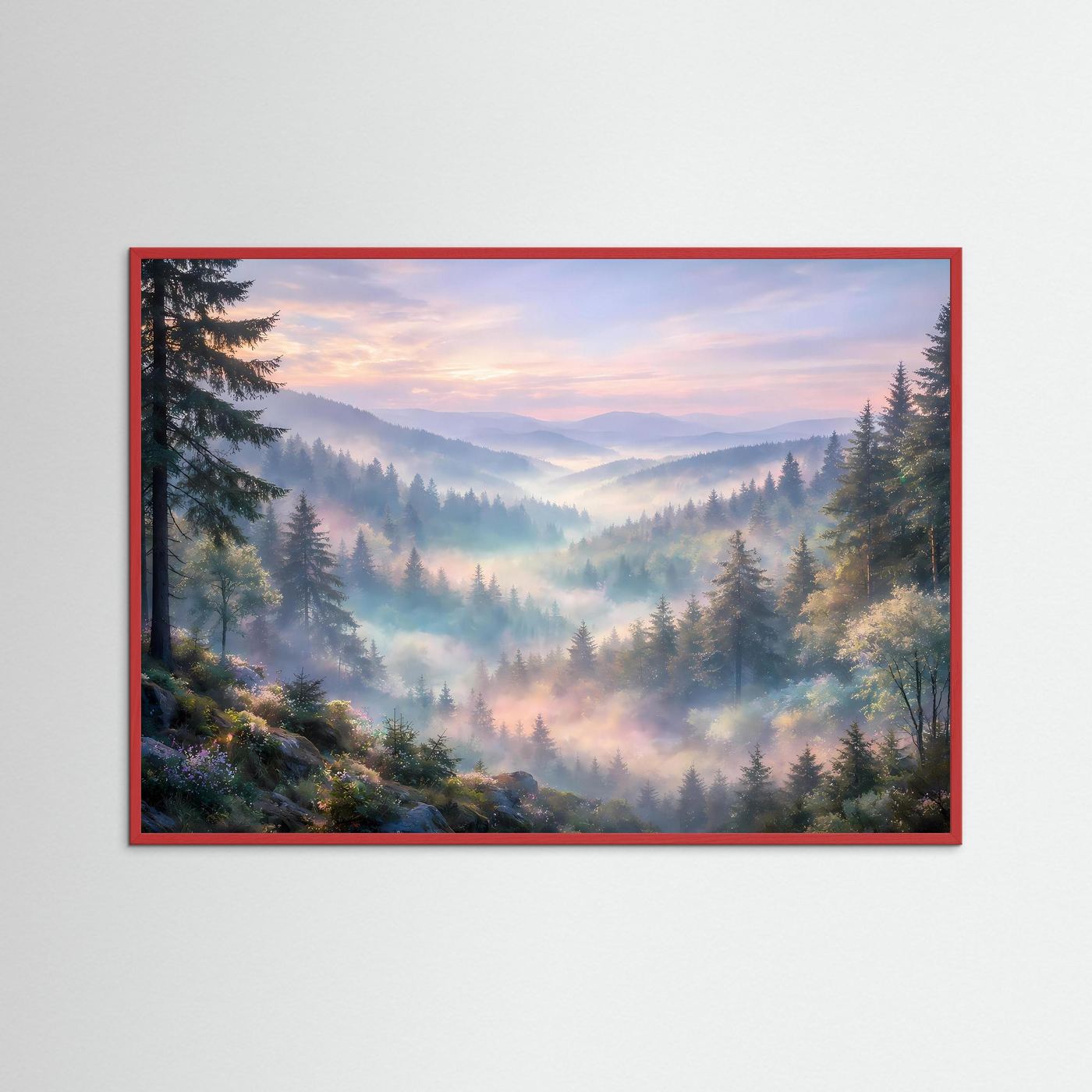 Wandposter mit Berglandschaft im Nebeltal, mit rotem Rahmen