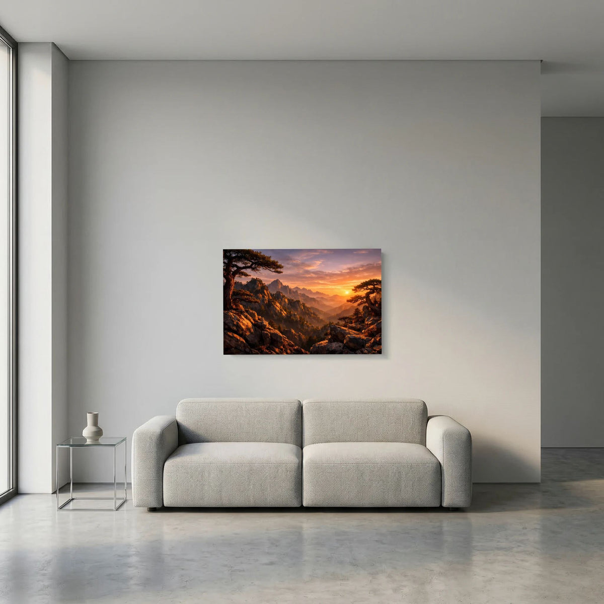 Wandbild im Querformat mit Berglandschaft im warmen Sonnenuntergang, rechteckig