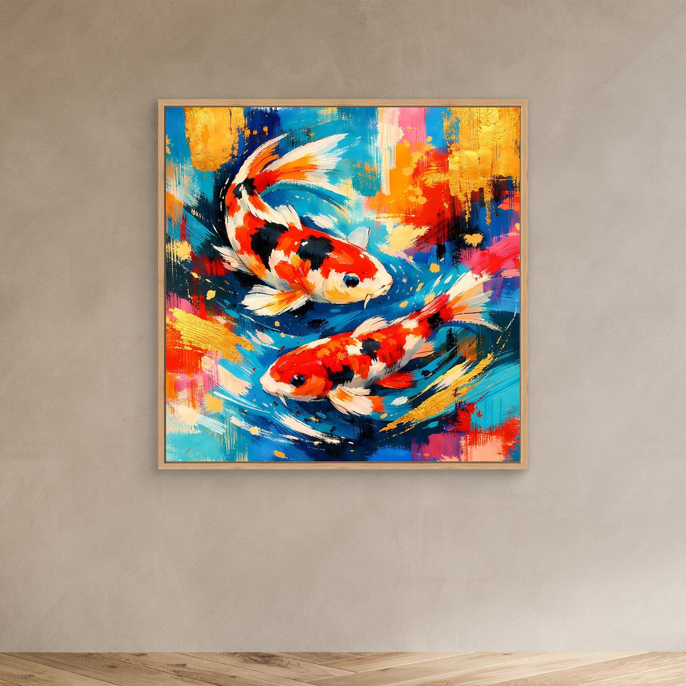 Leinwandbild mit zwei Koi-Fischen in abstrakter Farbkomposition, Blau und Rot, Eichenrahmen