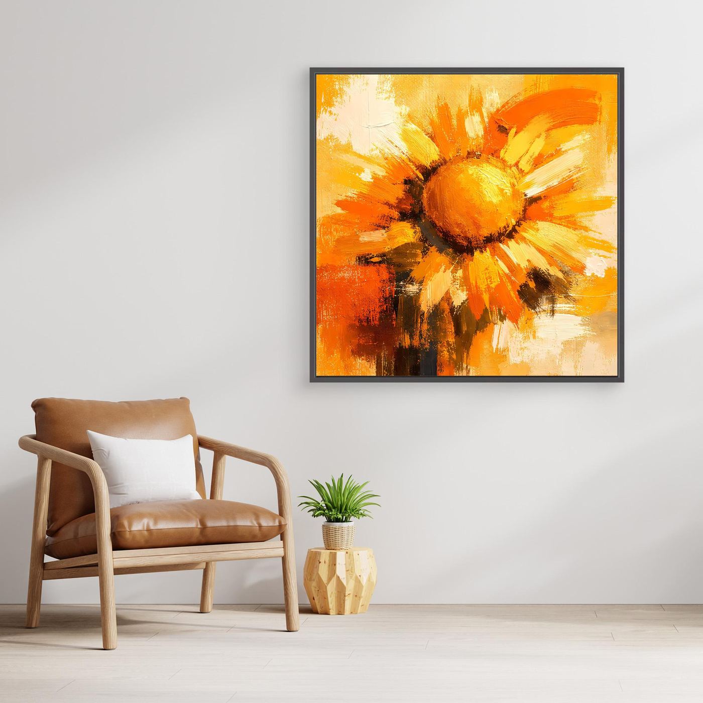 Leinwand Abstraktes Sonnenblumen Gemälde | Modernes Florales Wandbild Gelb Orange