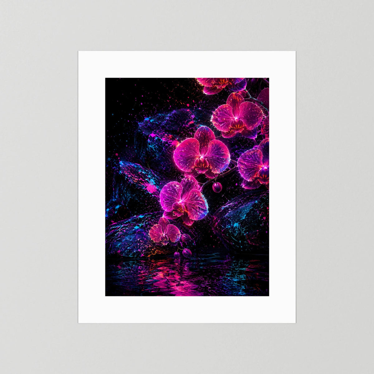 Kunstposter Hochformat mit neonpink-violetten Orchideen auf dunklem Hintergrund, weiße Einfassung