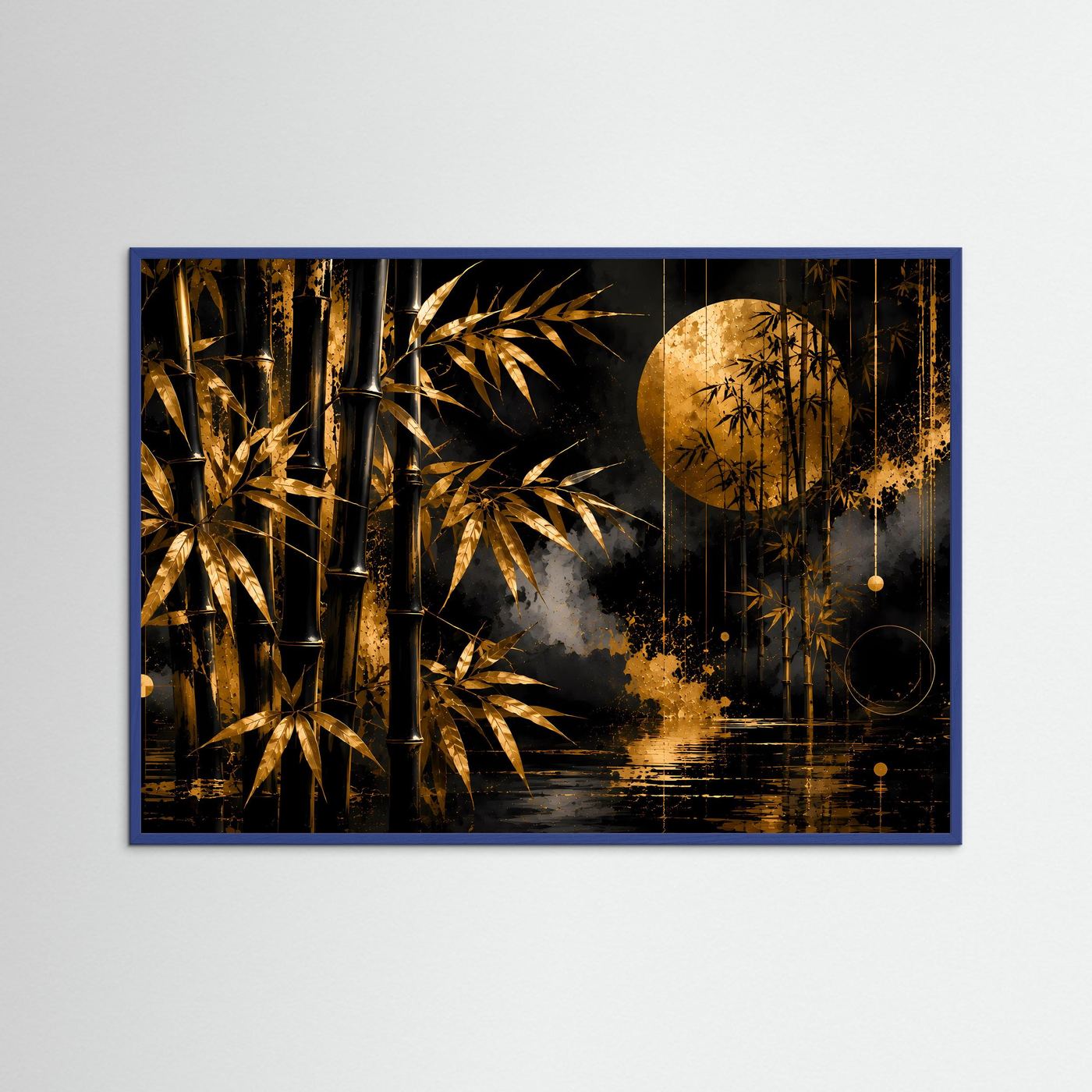 Querformat-Poster mit goldenem Bambuswald-Motiv im blauem Rahmen