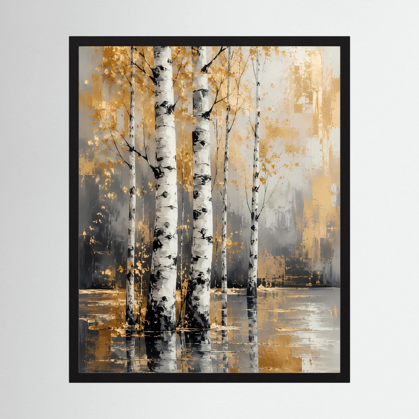 Gerahmtes Hochformat-Poster: abstrakte Birken in Weiß, Schwarz und Gold mit Wasserreflexion
