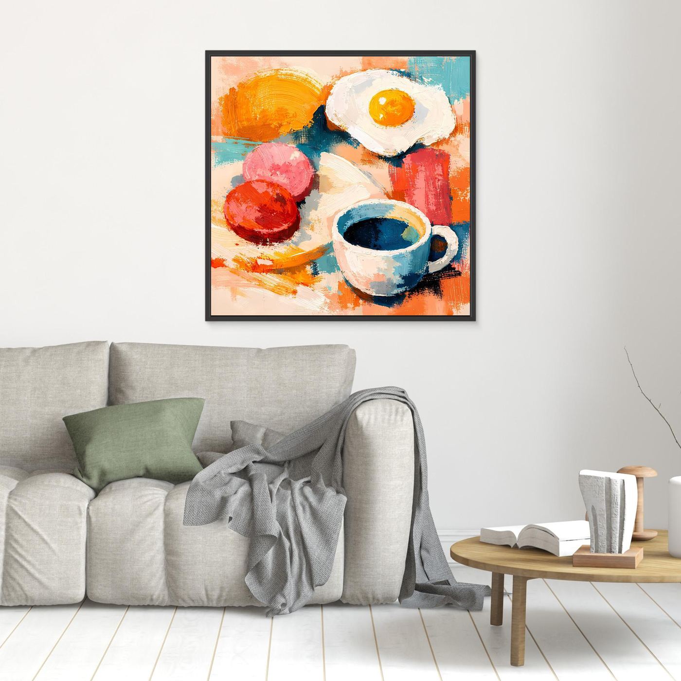 Kleines gerahmtes abstraktes Wandbild mit Spiegelei und Kaffee-Tasse, schwarzer Rahmen