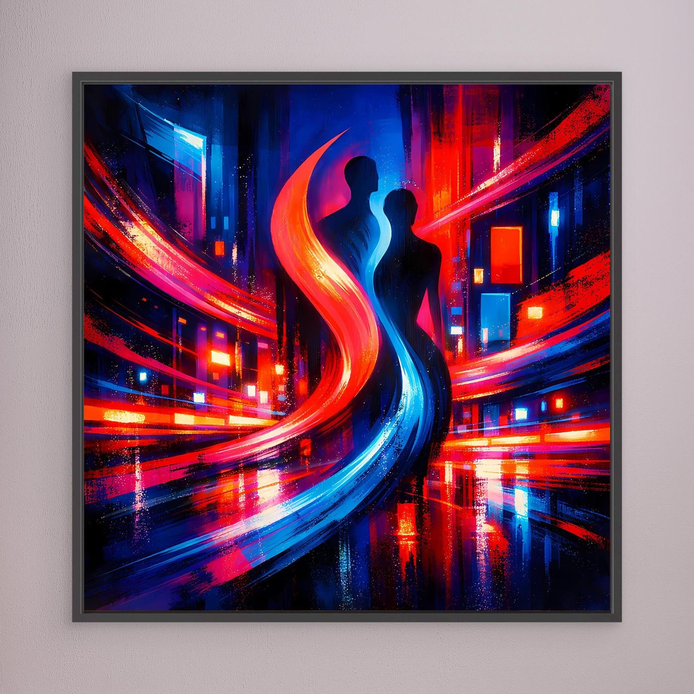 Wandbild mit schwarzem Rahmen, abstraktes Cyberpunk-Paar in Neonfarben