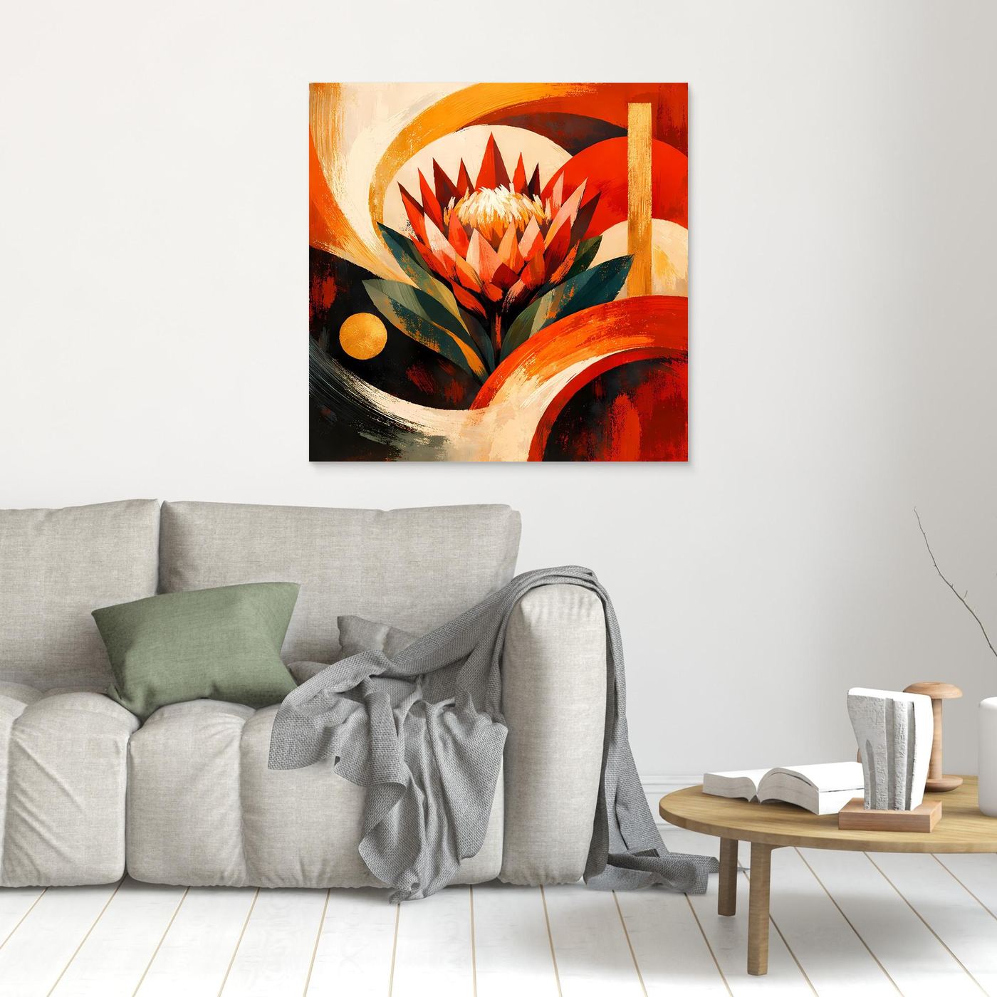 Kleines Leinwandbild mit abstrakter Protea, Rahmen in hellem Braun, Rot-Orange-Gold