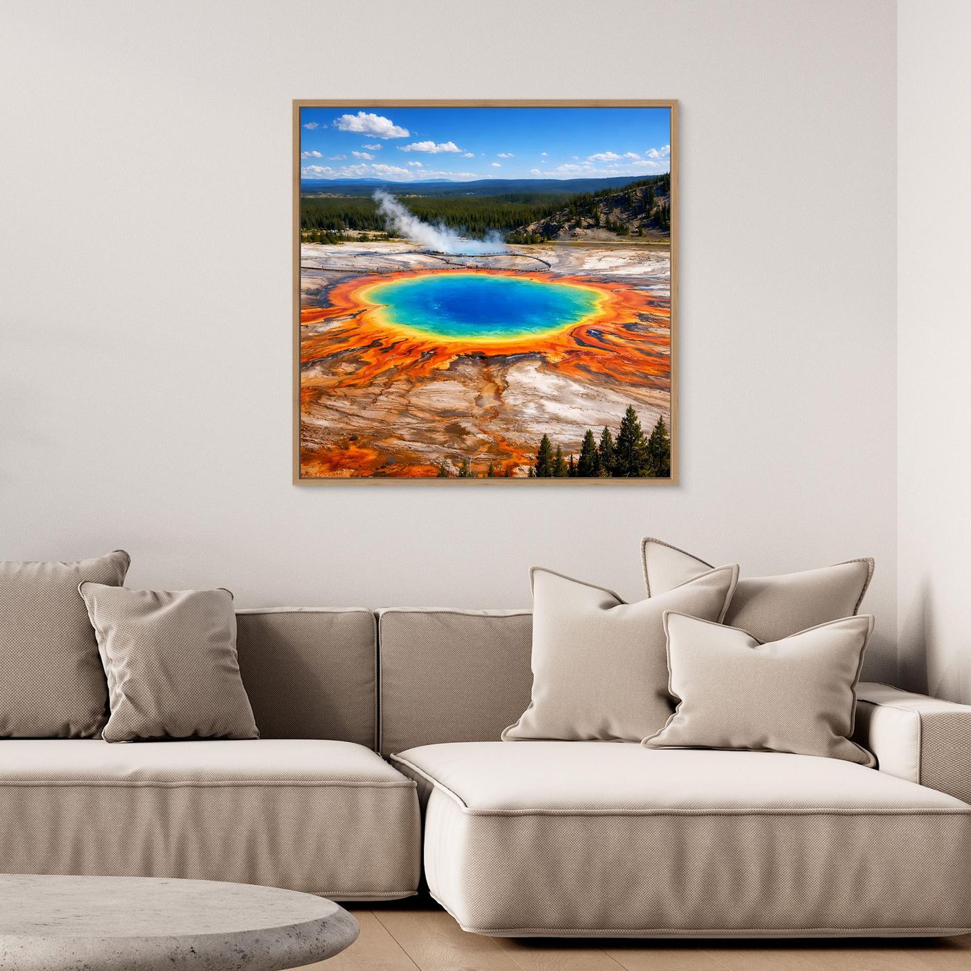 Leinwandbild mit Prismatic-Spring-Motiv im Holzrahmen, blau-türkis Quelle und Landschaft