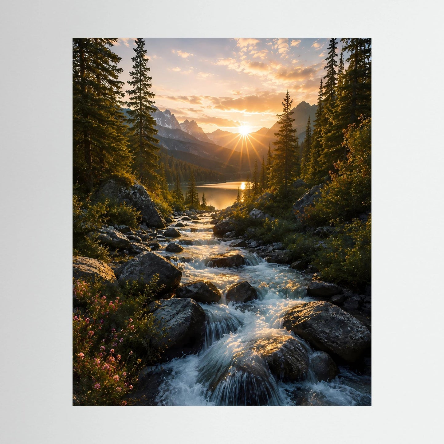 Hochformatiges Landschaftsposter mit Fluss, Felsen, Wald und Sonnenaufgang