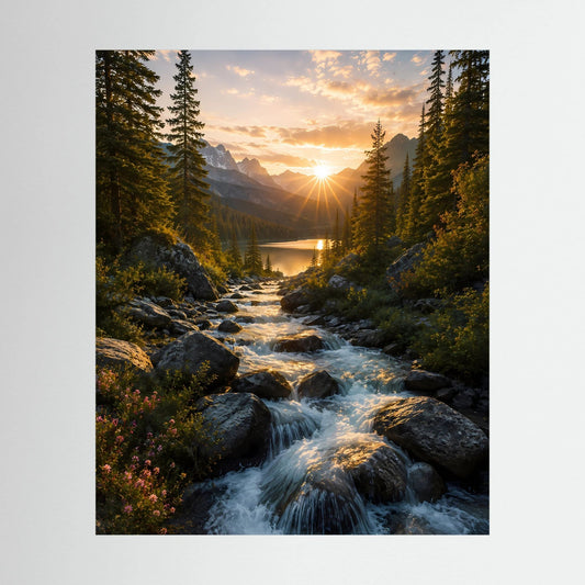 Hochformatiges Landschaftsposter mit Fluss, Felsen, Wald und Sonnenaufgang