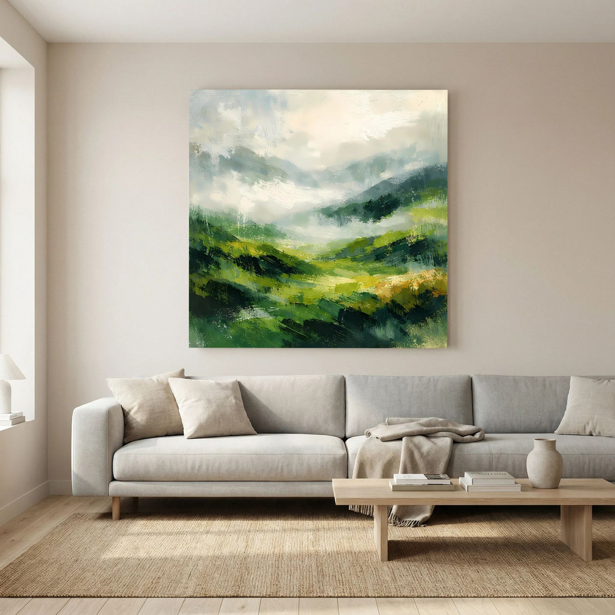 Leinwand Abstraktes Hügellandschaft Gemälde | Modernes Grünes Tal Wandbild Natur