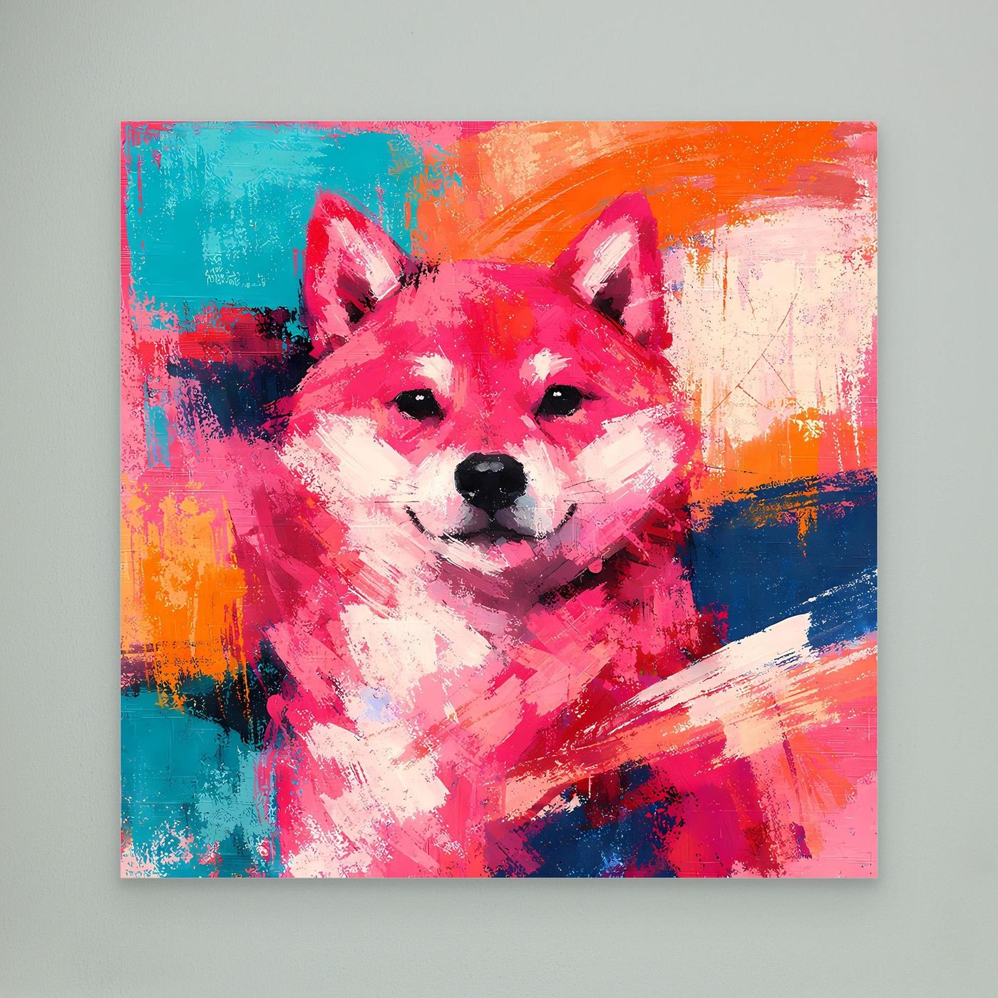 Shiba-Inu-Wandbild auf Leinwand, farbenfrohes Pop-Art-Porträt in Pink und Blau