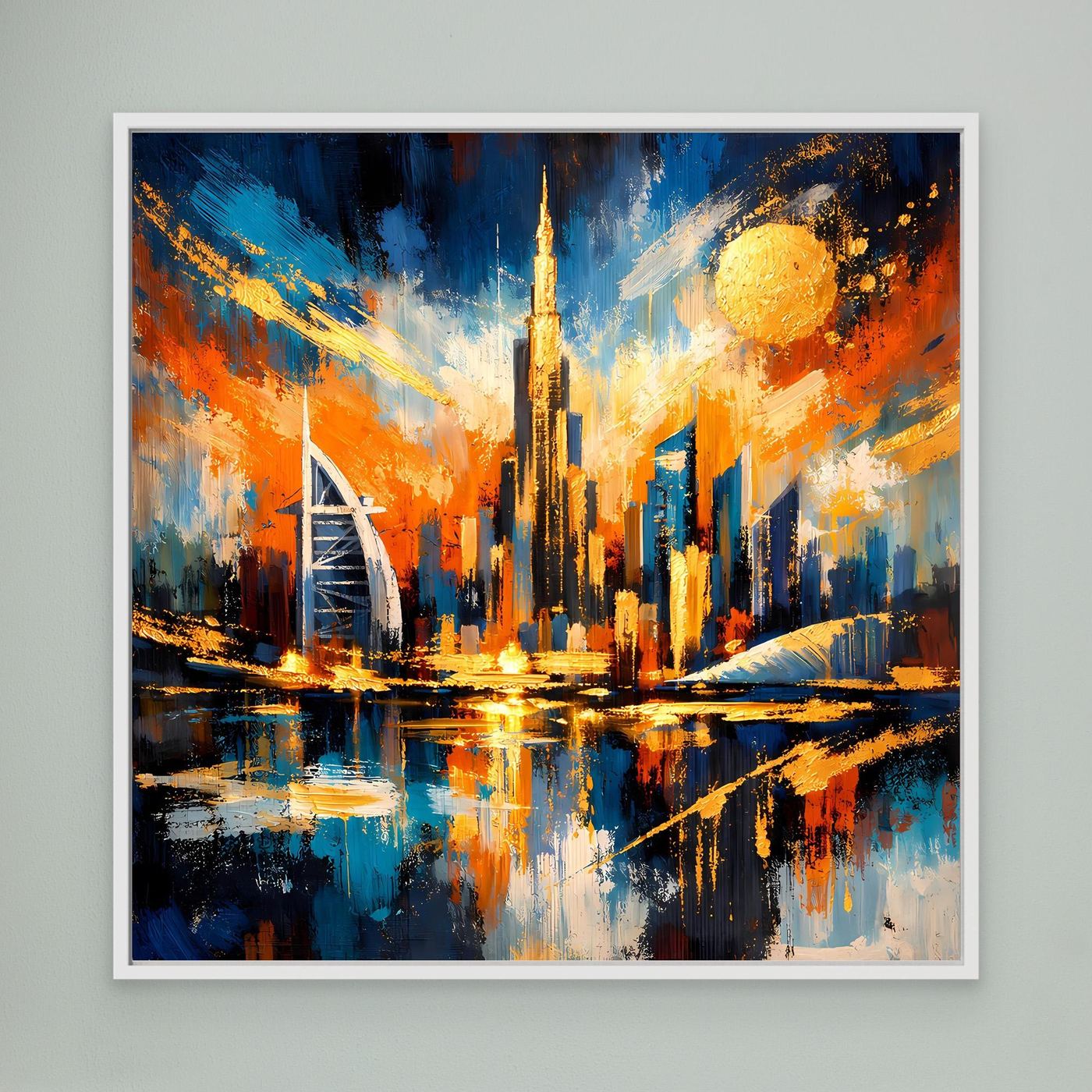 Abstraktes Leinwandbild mit weißem Rahmen, orange-blaue Skyline mit Wasserspiegelungen
