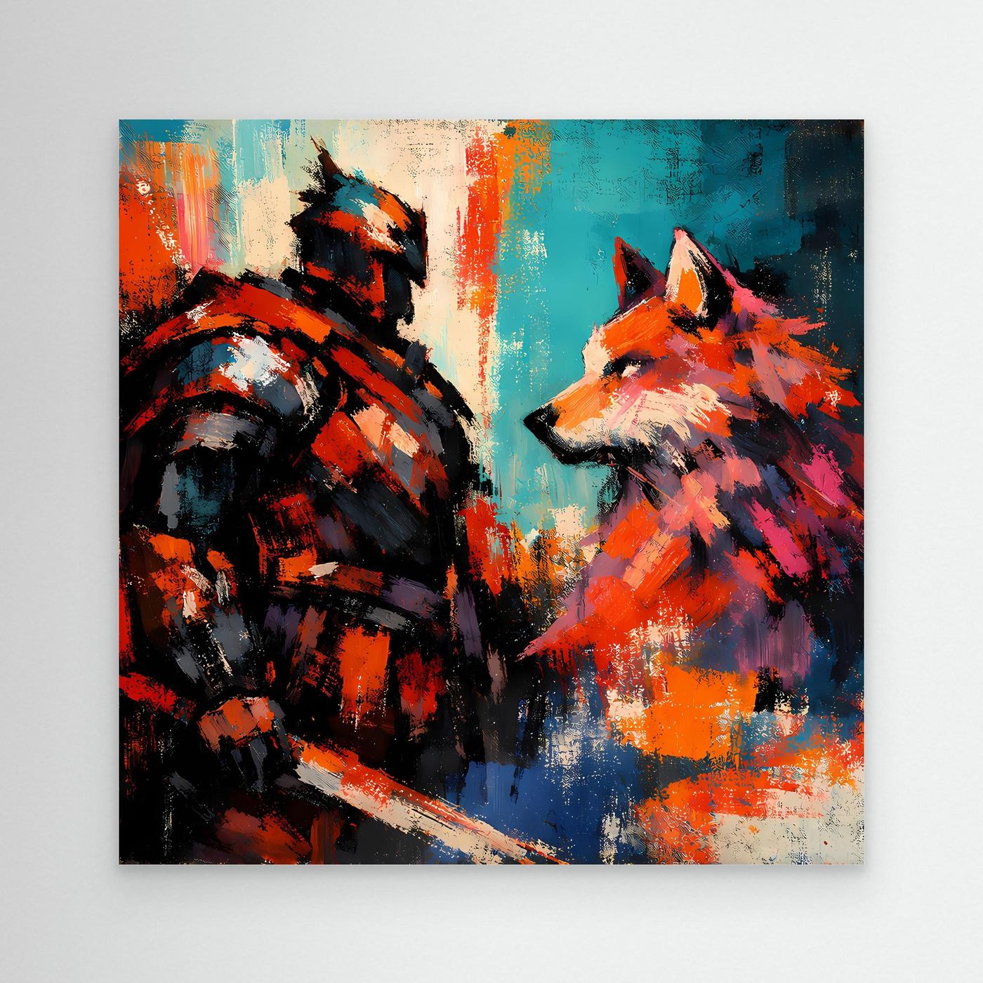 Abstraktes Leinwand-Wandbild: Kriegerfigur und Wolf, kräftige Pinselstriche in Blau, Rot, Orange