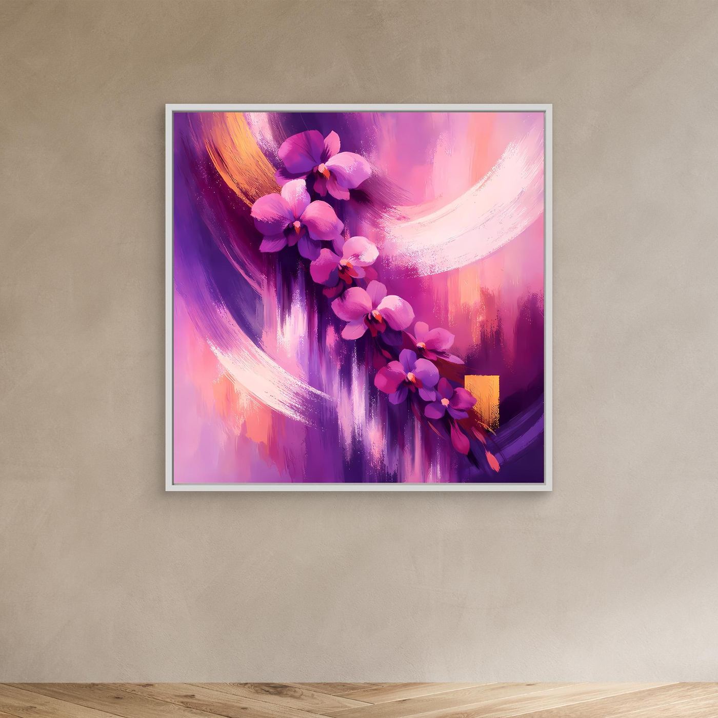Leinwandbild mit abstrakten Orchideen in Lila- und Rosatönen, pinke Rahmenumrandung