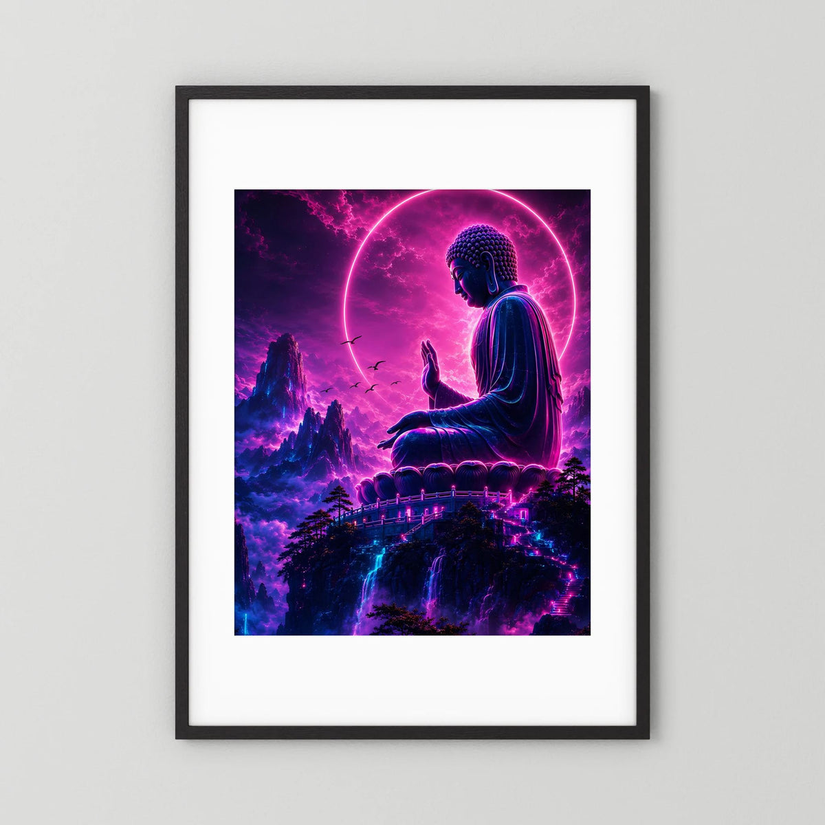 Neon-Buddha-Poster mit schwarzem Rahmen und weißem Passepartout, Buddha mit Lichtkreis