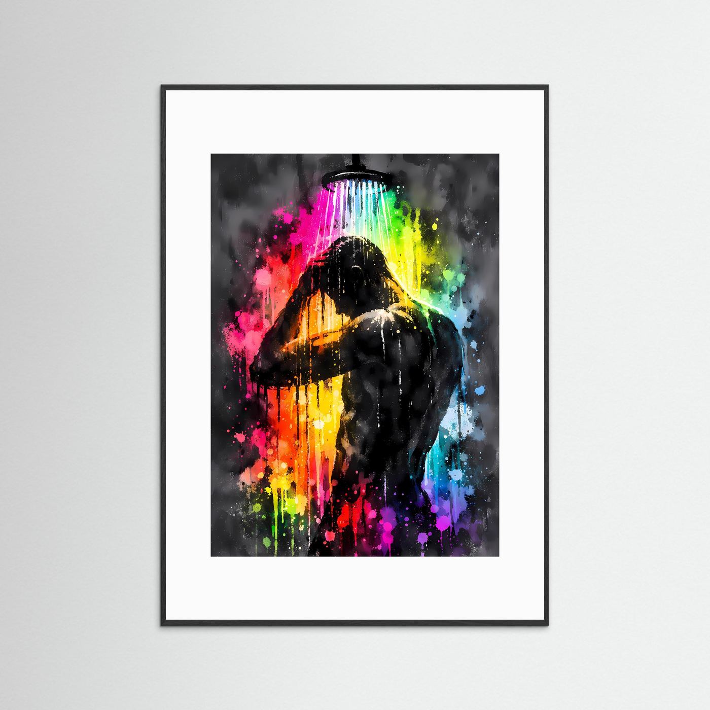 Die Kunst der Erfrischung | Neon Dusch-Poster mit männlicher Silhouette & Regenbogen-Farben | Abstraktes Pop-Art Kunstposter Hochformat