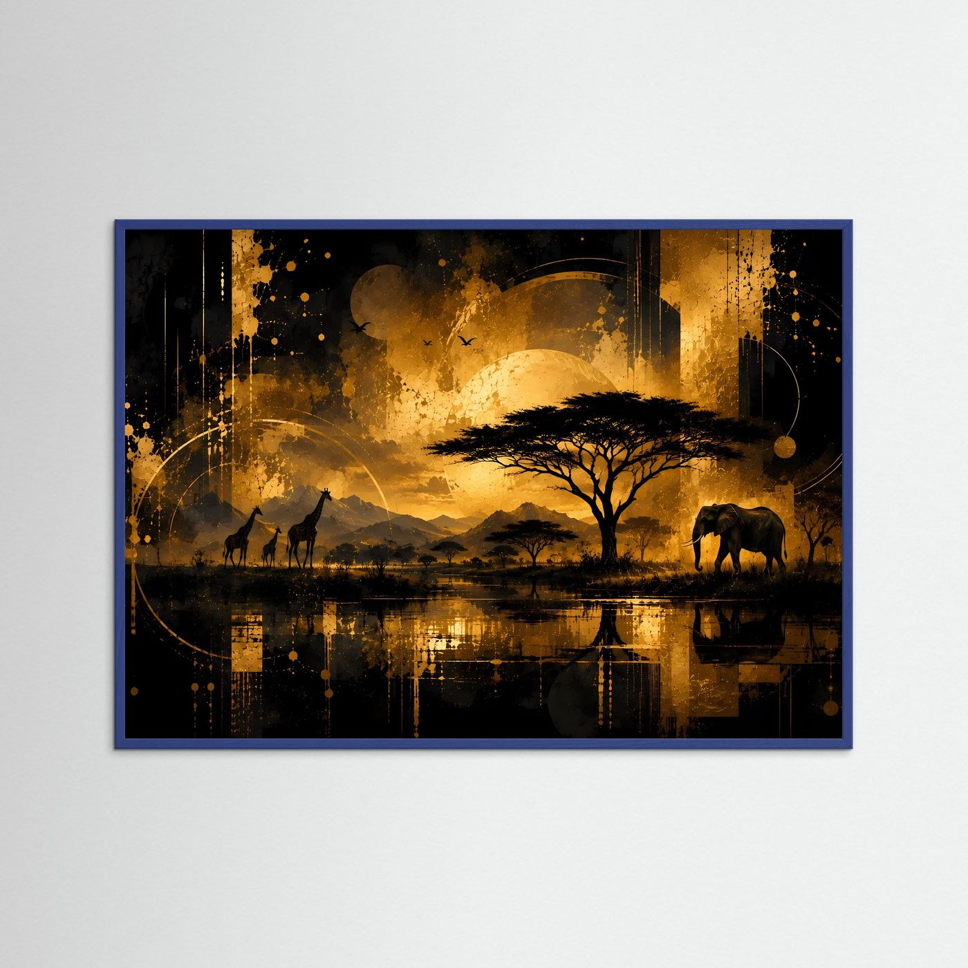 Poster im Querformat: goldene Savanne mit Elefant, Giraffen, Baum und Spiegelung, blauer Rahmen