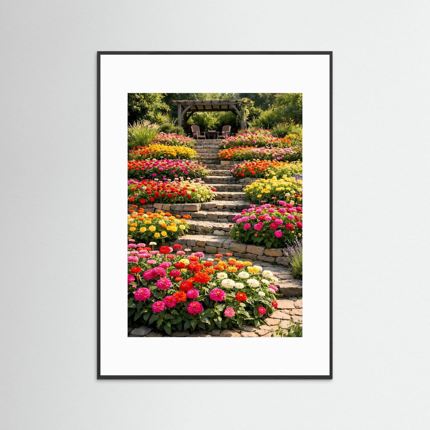 Garten-Poster hochkant mit schwarzem Rahmen und weißen Passepartout