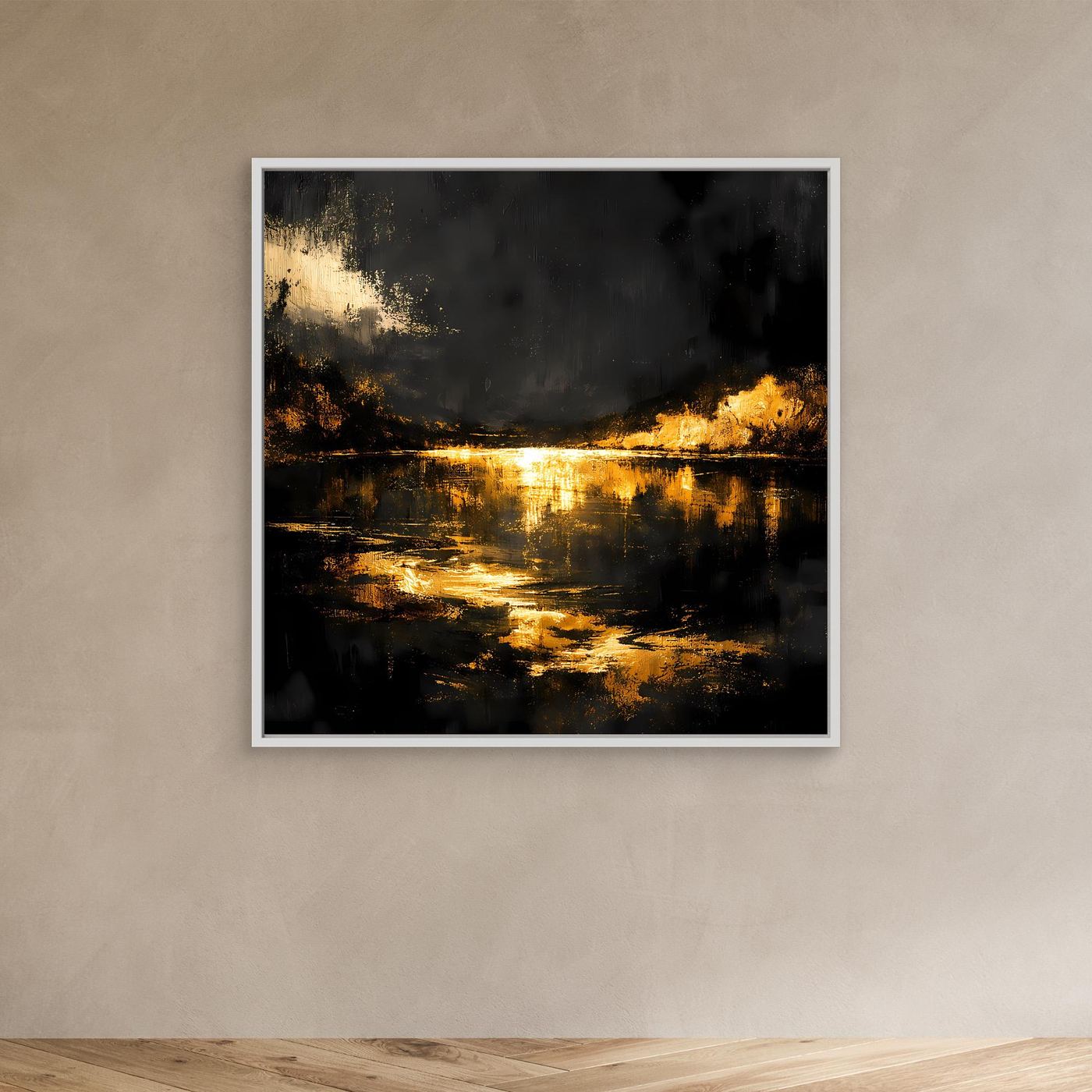 Leinwand Goldene Flusslandschaft bei Nacht | Abstraktes Natur Wandbild Moderne Kunst
