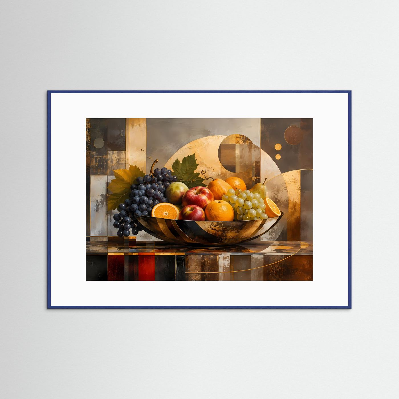 Poster im blauen Rahmen mit Fruchtschale, Trauben, Äpfeln und Orangen