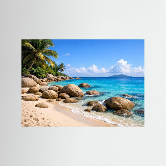 Wandbild mit Strandfoto: türkisblaues Meer, Felsen und Palmen; ohne Außenrahmen