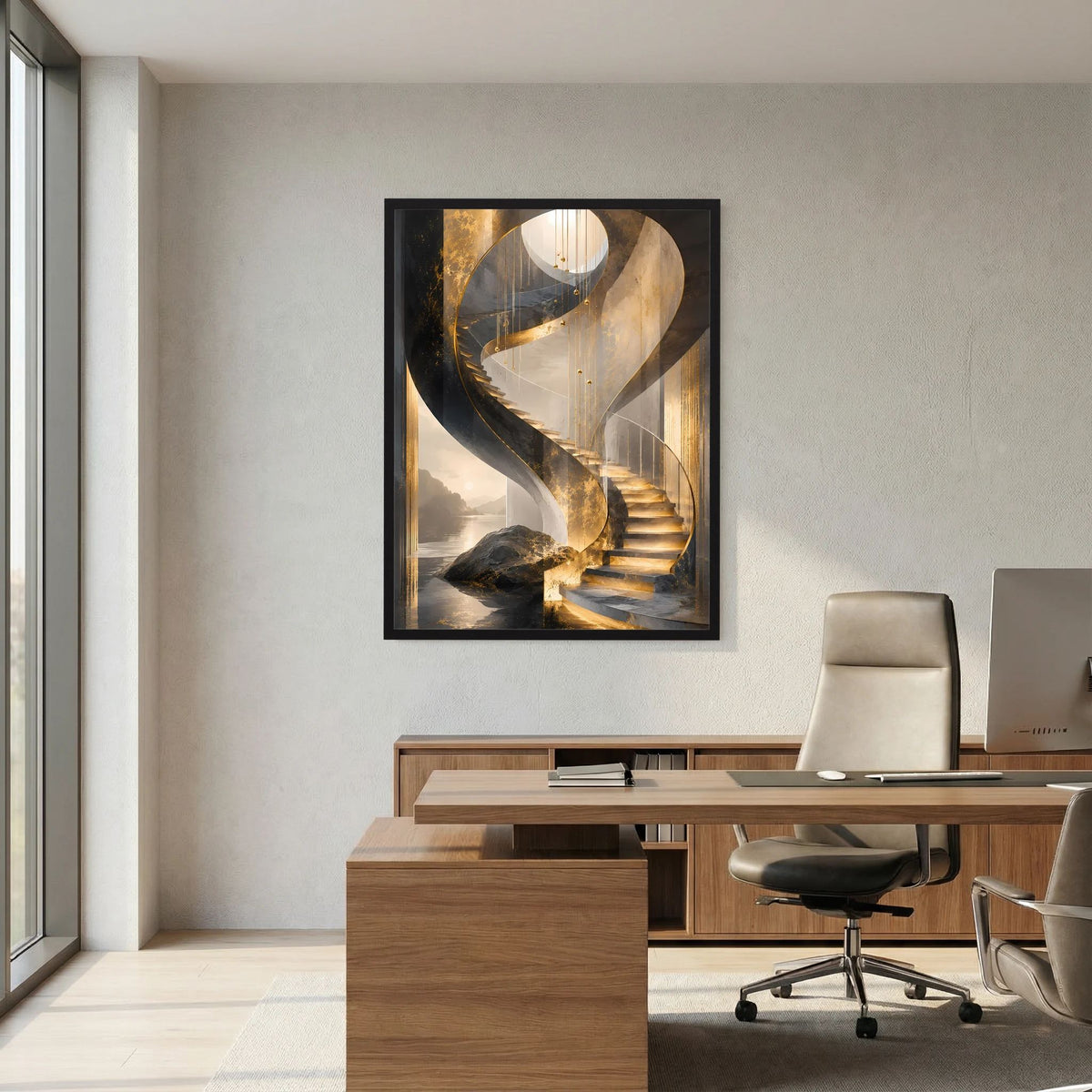 Hochformat-Wandposter im schwarzen Rahmen: goldene Wendeltreppe, abstrakte Treppenansicht.