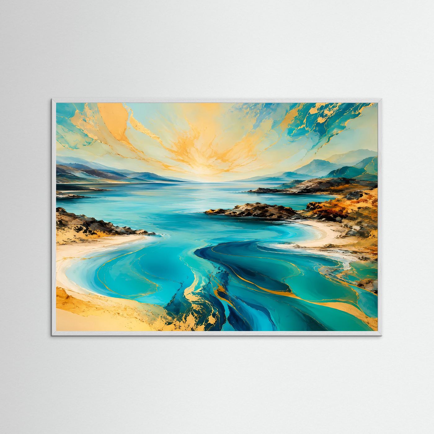 Abstrakte Küstenlandschaft Poster | Türkis Gold Meer Wandbild | Moderne Landschaftskunst mit Marmor-Effekt